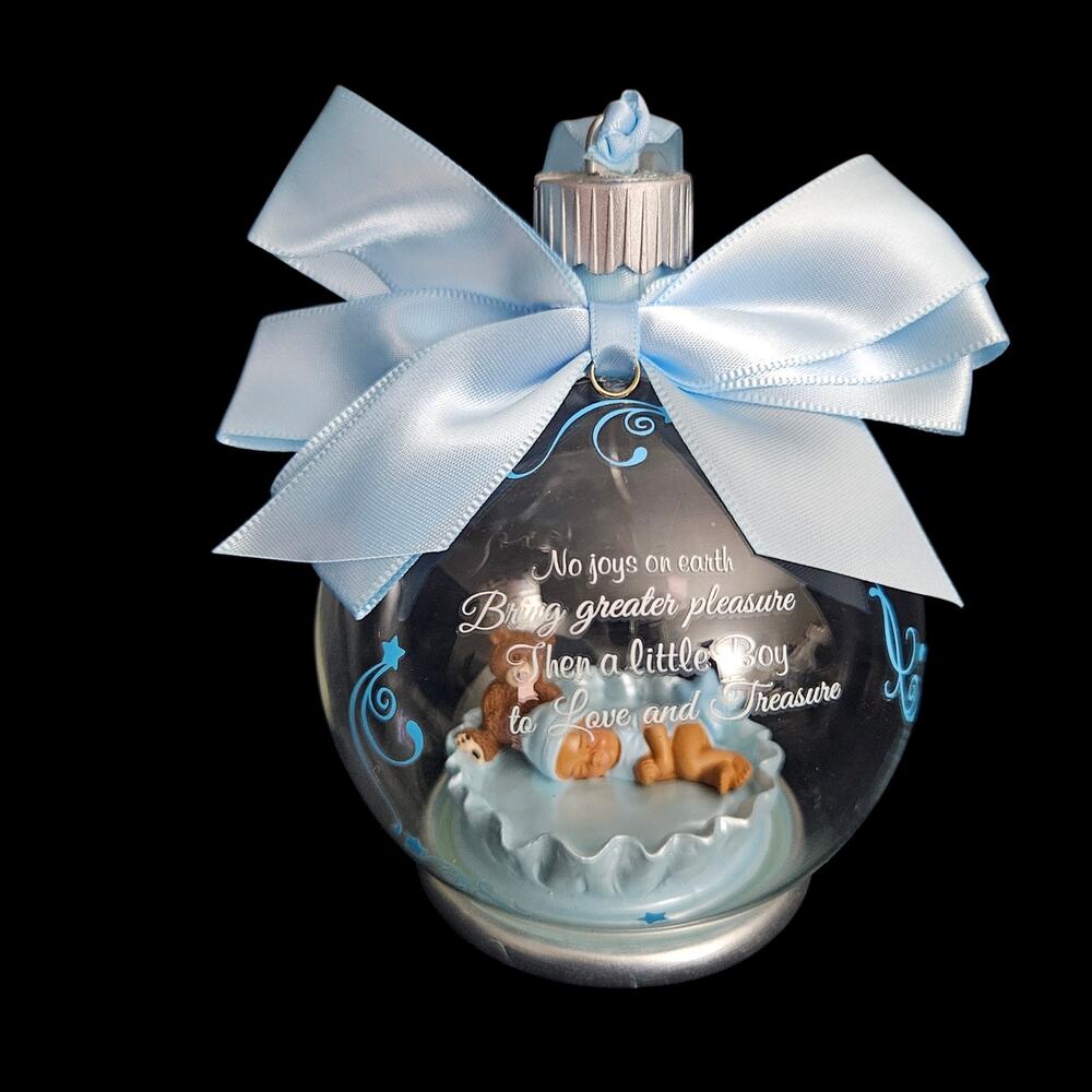 Bradford Exchange Baby Boy Keepsake Glass Ornament w Box Ribbon Teddy Bear